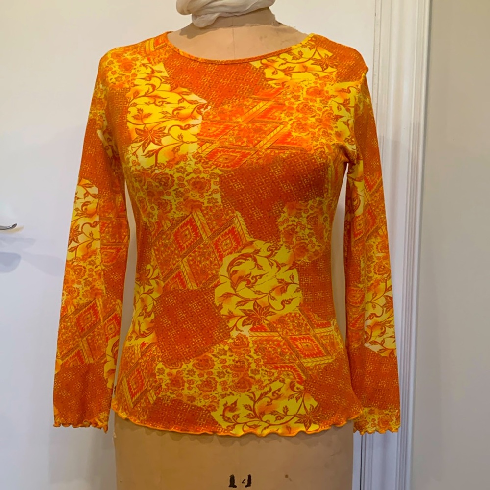 Hip Up orange /yellow stretch long sleeve top with lettuce edge